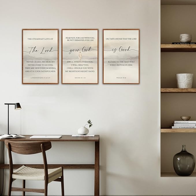HLNIUC Scriptures Framed Wall Art,Inspiring Christian Scripture Wall Art Set of 3(16”x24”)The Lord Your God Is Good Bible Verse Wall Decor,Modern Religious Quotes Canvas Art Print for Home Living Room