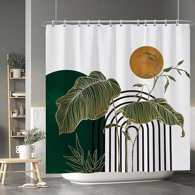Baocicco Boho Shower Curtain Green Gold Leaves Plants Sun Modern Abstract Geometric Shower Curtains Decorative for Bathroom Waterproof Fabric Shower Curtain with Hooks 72x72 Inches