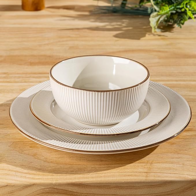 GBHOME Ceramic Dinnerware Sets, 32 pcs Embossed Elegant Stoneware Plates and Bowls Sets, Housewarming Wedding Gift | Dishwasher & Microwave Safe | Dishes Set Service for 12