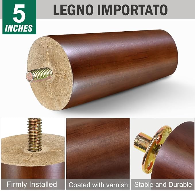 FoDau770 Brown Rubber Wood Furniture Legs 5 Inches, 5/16" UNC Straight Tapered Wood Feet Mid Century Sofa Legs, Wooden Furniture Feet Replacement Parts for Cabinet Couch Dresser Chair Ottoman Table