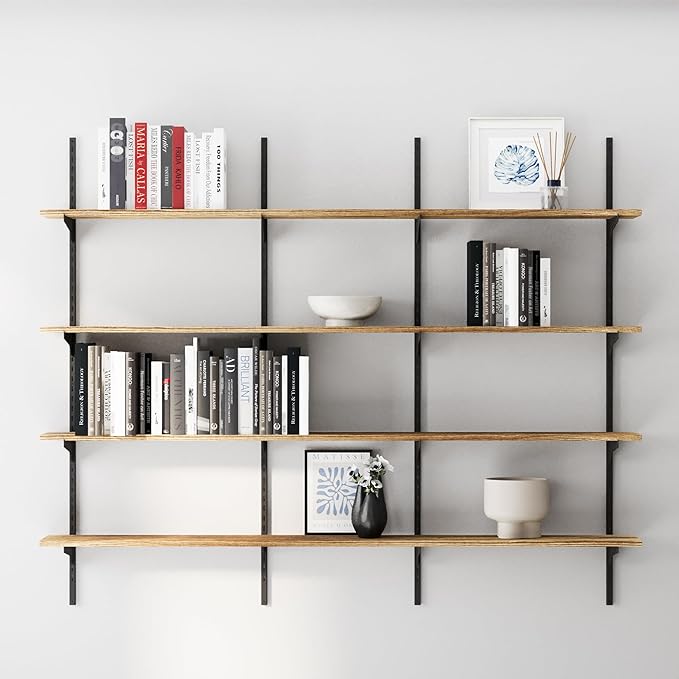 Wallniture Turin 60 Inch Floating Shelf, Adjustable Wall Shelves, Wood Shelving, Wooden Floating Shelves, Wall Mounted Bookshelf, Storage for Living Room, Kitchen, Office, 4 Tier, Burnt Finish