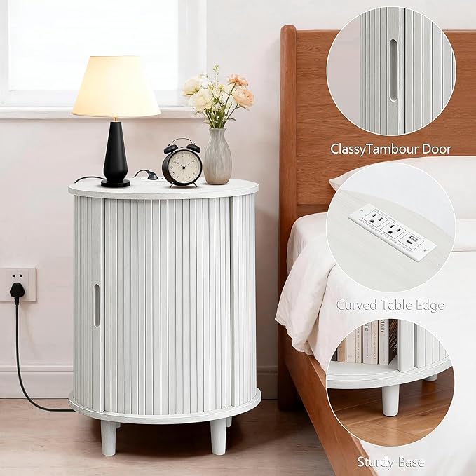 DHH End Table Set of 2 with Storage & Charging Station, Fluted Accent Side Table with Sliding Door & Adjustable Shelf, Mid-Century Nightstand for Small Spaces, Living Room, Bedroom(2, White)