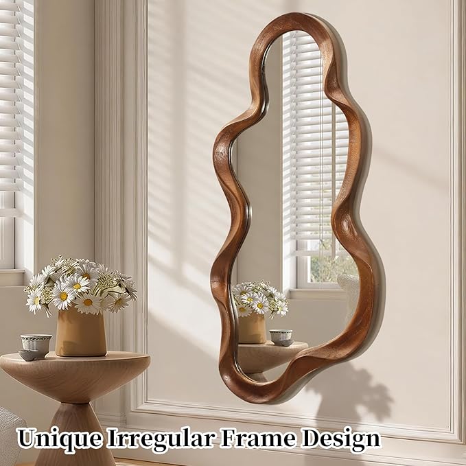 Large Asymmetrical Mirror Irregular Wood Frame Modern Unique Wall Mounted Artistic Wavy Mirrors Decor Bathroom Vanity Bedroom Living Room Entryway Hallway 47"x22"