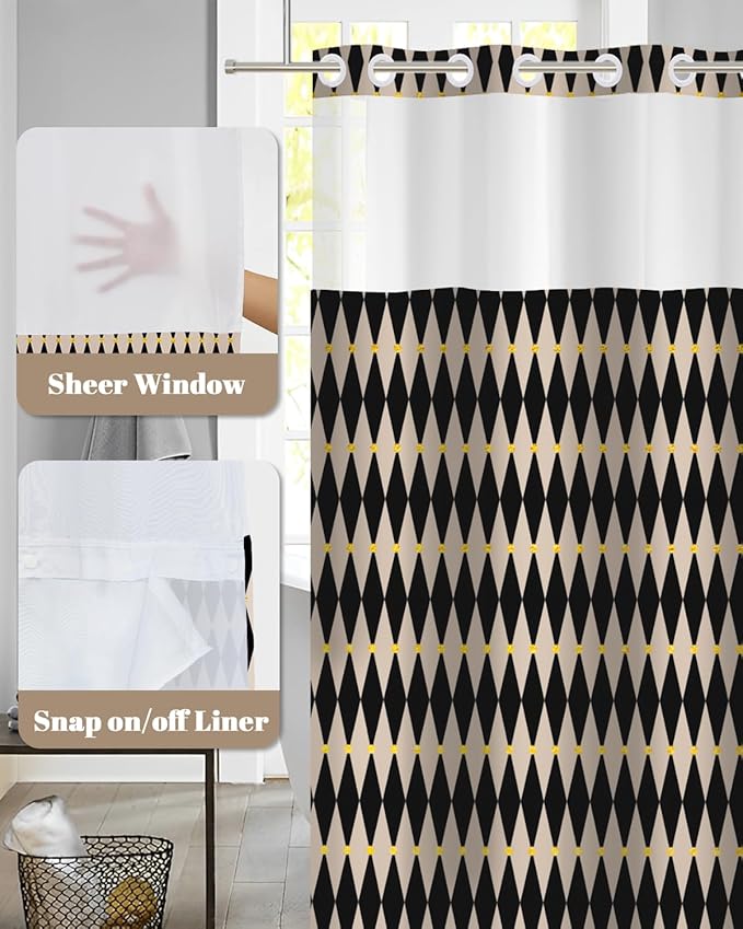 No Hook Shower Curtain with Snap in Liner, Black and Beige Diamond Geometric Double Layer Waterproof Bath Curtain for Modern Mid Century Bathroom Decor, See Through Top, 71x74 Inch