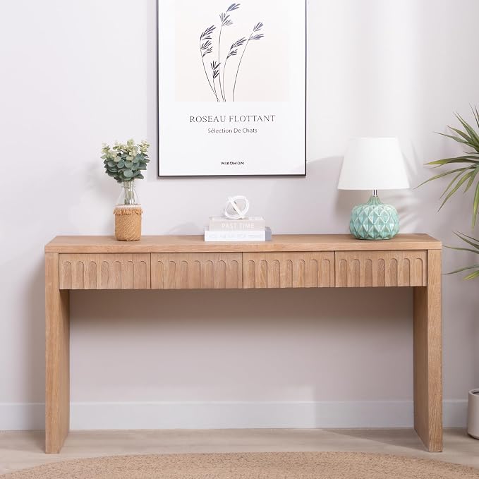 Wood Console Table, 59.2" Retro Long Sofa Table Behind Couch with 4 Drawers, Farmhouse Wooden Narrow Sofa Table Hall Table for Living Room Foyer Entrance Entryway, Natural