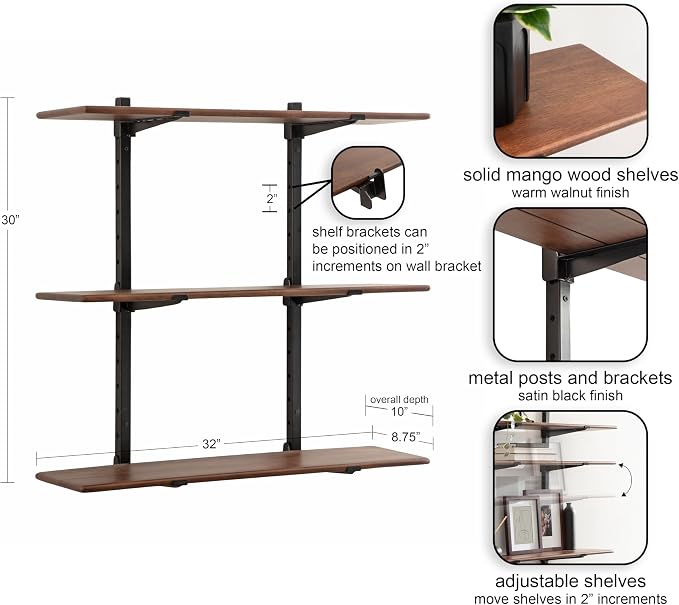 Kate and Laurel Atwood Three-Tiered Adjustable Mango Wood Wall Shelf, 32 x 10 x 30, Walnut Brown and Black, Modular Shelving Unit and Wall Organizer for Entryway Storage or Living Room Display Shelves