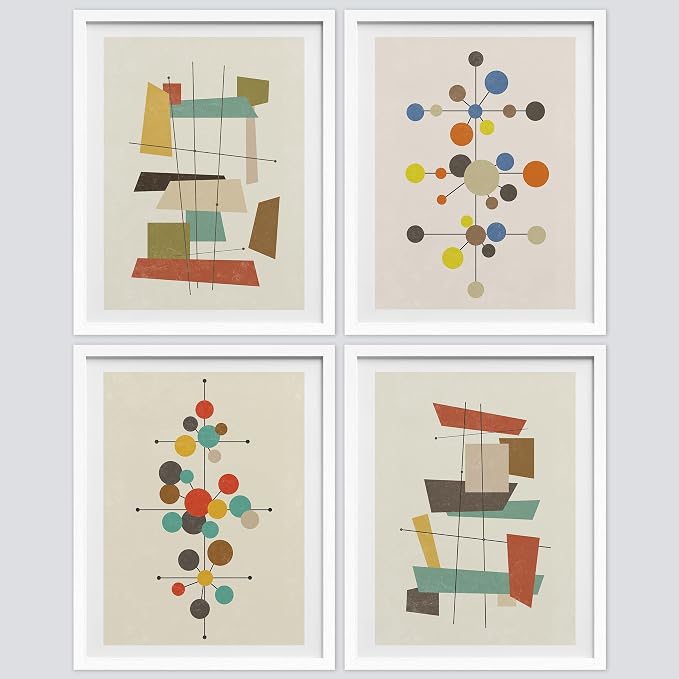 SIGNWIN Framed Mid-Century Modern 1960s Vintage Nordic Polygons Wall Art, Set of 4 Abstract Geometric Wall Decor Prints, Nature Wilderness Wall Décor for Living Room, Bedroom - 12"x16" White