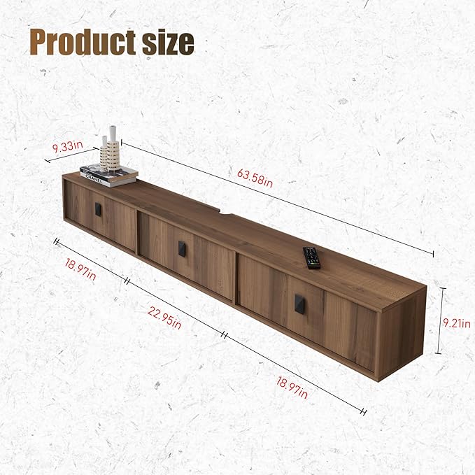 Solid Wood Floating TV Shelf, 63'' Wall Mounted TV Cabinet, Floating Shelves with 3 Doors, Wooden Mid-Century Entertainment Media Console Center Large Storage Under TV (Walnut)