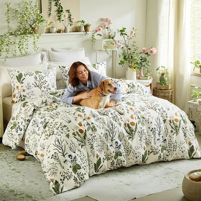 Duvet Cover King Size - 100% Cotton Reversible Floral King Duvet Cover Set with Zipper Closure, 3 Pieces Soft & Breathable Green Bedding Set for All Seasons