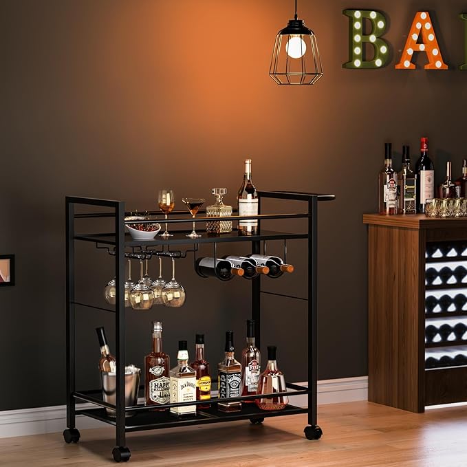 Bar Cart,Home Bar Serving Cart with Storage Shelves, 2 Tier Rolling Beverage Cart with Wheels, Modern Vintage Black Wine Cart with Wine Rack and Glass Holder for Kitchen, Dinning Room,Living Room