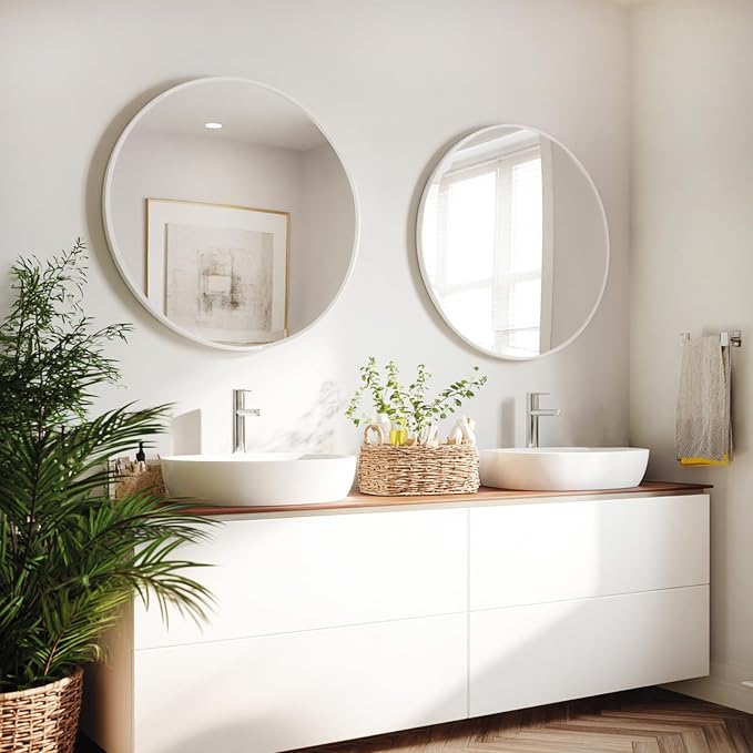 Sunniry White Round Mirror 24 inch, 2 Pack White Circle Mirror, Round Bathroom Mirrors Metal Frame for Bathroom, Bedroom, Living Room, Hallway.