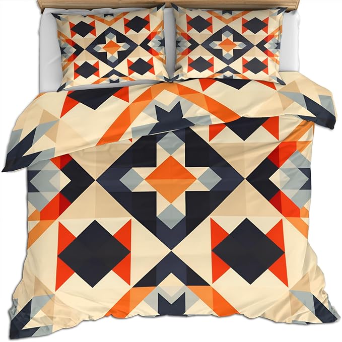 Retro Medieval Duvet Cover Queen Size, Colorful Geometry Bedding Set 3 Piece Bedroom Decor Vintage Abstract Patterned Comforter Cover with Zipper Ties & 2 Pillowcases