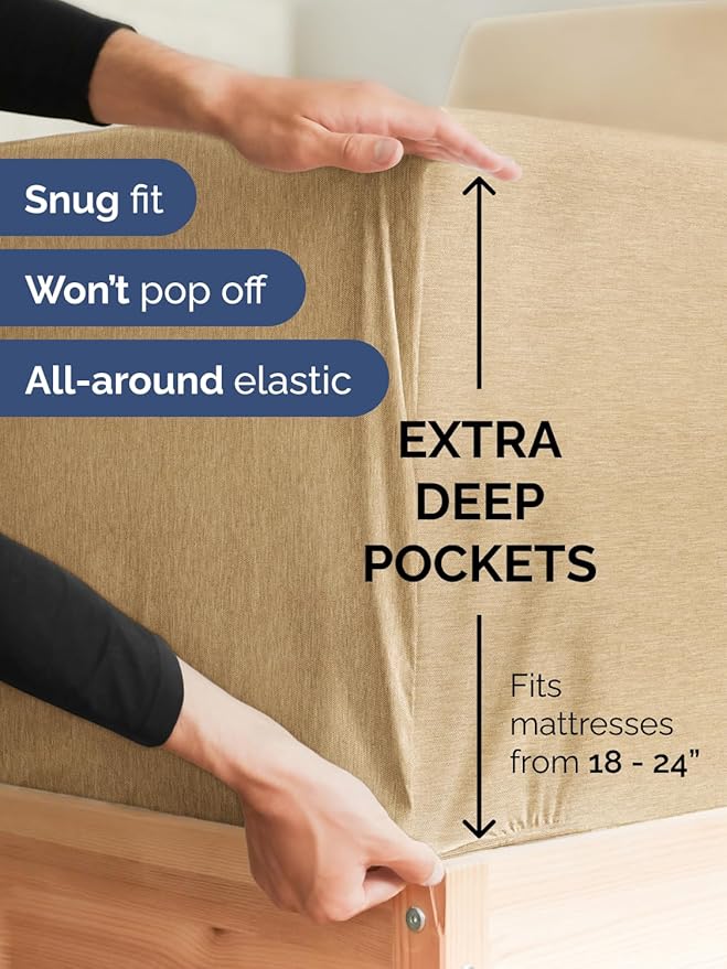 Extra Deep Split King Sheet Set - 7 Piece Breathable and Cooling Sheets - Hotel Luxury Bedding for Women, Men, Kids & Teens - Easy Secure Fit - Soft & Wrinkle Free - Extra Deep Pockets - Heathered Tan