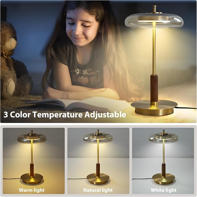 Brass Base Mushroom Table Lamp for Bedroom, Small Desk Lamp with Amber Glass Shade, LED Three Color Temperature Adjustable Brightness Modern Side Table Lighting (H 15.4 in)