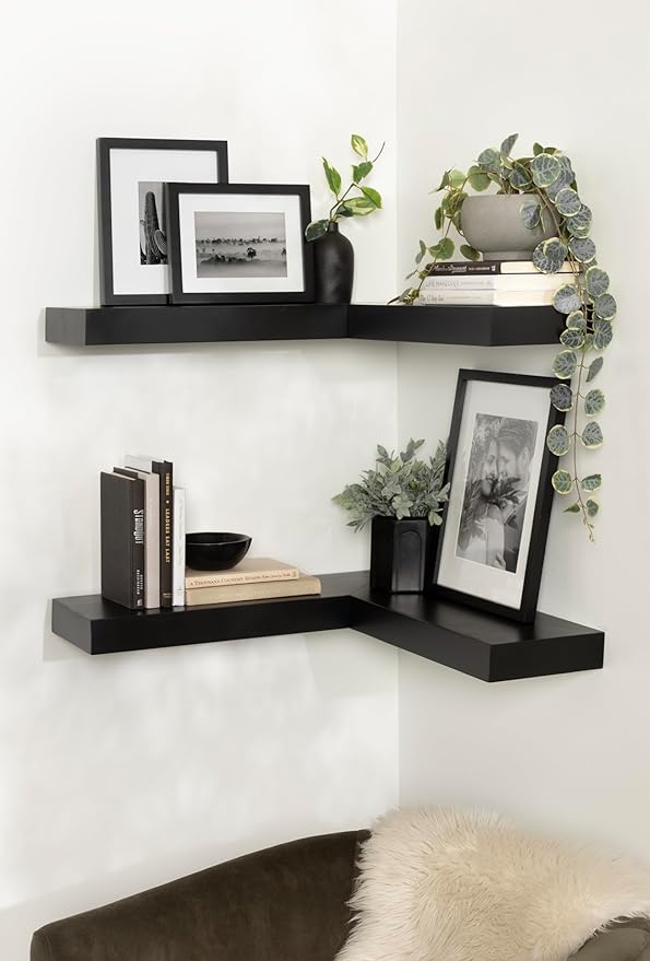 Kate and Laurel Havlock Modern Wood Two-Piece Floating Corner Shelf Set, 26 x 8 x 3, Black, Wooden Corner Kitchen Shelving with Unique Geometric Shape for Living Room Decor or Entryway Storage