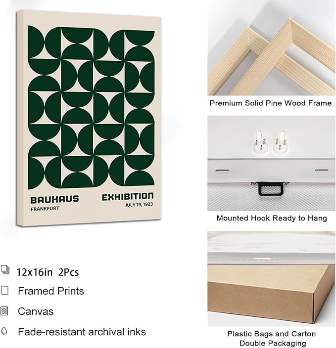 2Pcs Bauhaus Mid Century Modern Wall Art Retro Exhibition Posters Prints Green Boho Geometric Abstract Minimalist Wall Decor Pictures for Bedroom iving Room Dining Room Framed (Green, 16x24in Framed)