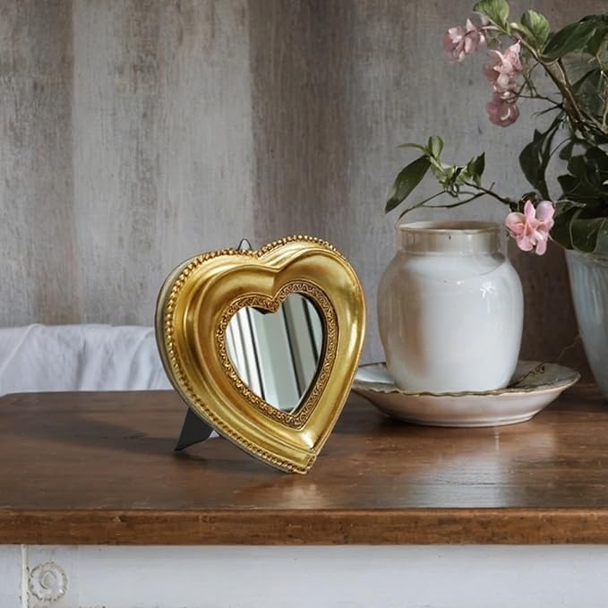 Golden Mini Vintage Mirror with Exquisite Relief Elegant Wall Decor for Bedroom Dresser Table Compact Resin Retro Design (Heart, 4.3X4.3)