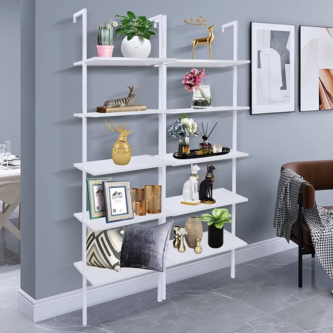 5 Tier Wall Mounted Ladder Shelf, Ladder Bookshelf with Metal Frame and Wood Shelf, Modern Learning Bookcase for Living Room, Bedroom, Office (23.6" W x 11.8" D x 70.8" H, White)