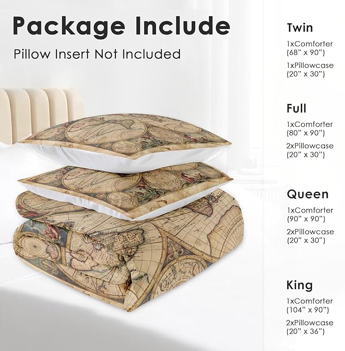 Pamnest Comforter Set King Size, Vintage World Map Soft 3 Pcs Bedding for Kids and Adults, Old Ancient America Comforter Set with 2 Pillowcases for Bedroom Bed Decor
