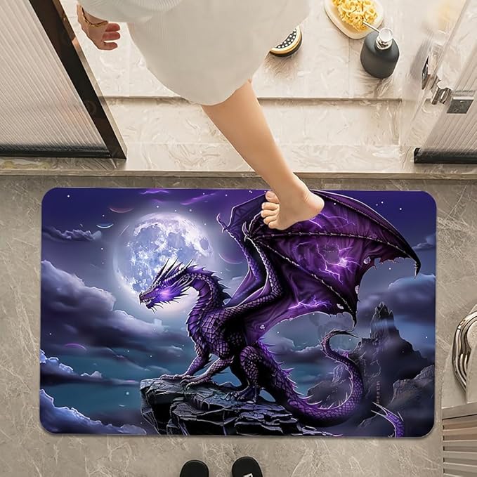 Bath Mat Rug,Majestic Purple Dragon Non Slip Quick Dry Super Absorbent Thin Bathroom Rugs Fit Under Door-Easy to Clean Bathroom Floor Mats-Shower Rug for Shower Sink Bathtub(16" x 24"in)