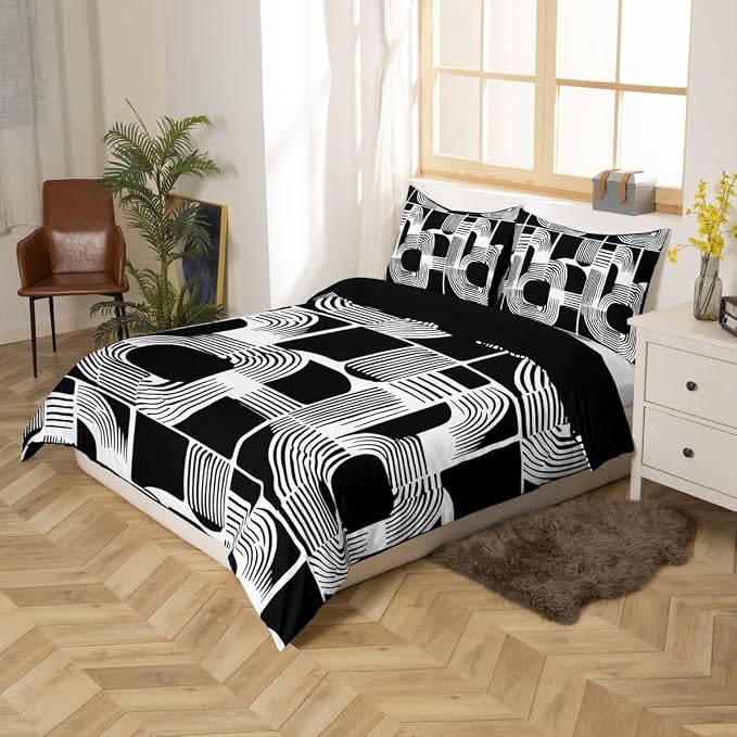 Erosebridal Black and White Teens Duvet Cover 3 Piece Bohemian Geometric Bedding Set Full Size Mid Century Abstract Comforter Cover for Kids Boys Adult Bedroom Boho Stripes Minimalist Bed Sets
