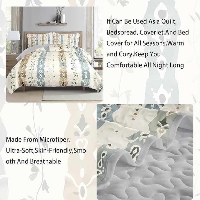 AILONEN Queen Quilted Comforter Set 3 Piece, Ethnic Damask Vertical Bedspread Coverlet 2 Pillowcases, Earthy Teal Brown Bedding Master Bedroom Couples Farmhouse Rustic Chic Medallion Vine