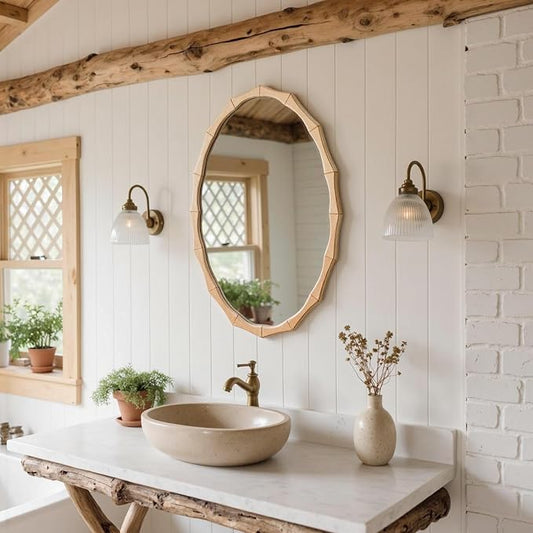 sawsile Oval Wood Mirror,Rustic 20x30 Inch Bamboo Farmhouse Decorative Vanity Natural Mirrors for Bedroom, Bathroom, Living Room,or Entryway