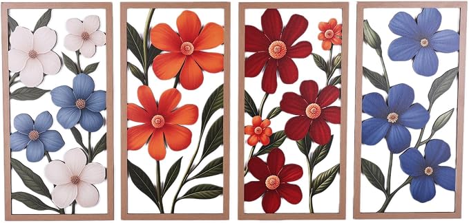SHENGTIAN 4 Piece Boho Flower Wall Art - Geometric Wood Wall Art, Aesthetic Room Decor, Flower Market Art, Narrow Vertical Abstract Floral Art, Over Bed Wall Decor for Living Room Bedroom Office