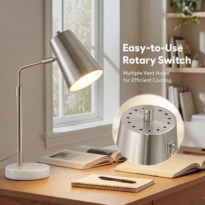 VONLUCE 20" Desk Lamp with LED Bulb, Metal Table Lamp Marble Base, Mid Century Modern Reading Lamp Office, Industrial Task Lamp Work Lamp for Reading Bedroom, Nickel