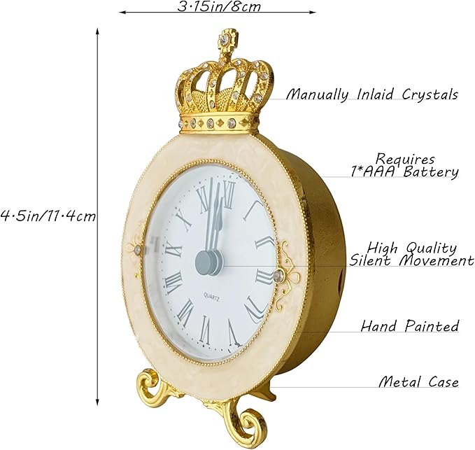 Vintage Mini Analog Table Clock, Silent Crown Table Clock with Hand-Painted Metal Body and Battery Operated Non-Ticking Core for Shelf, Living Room, Bedroom, Bedside, Desk