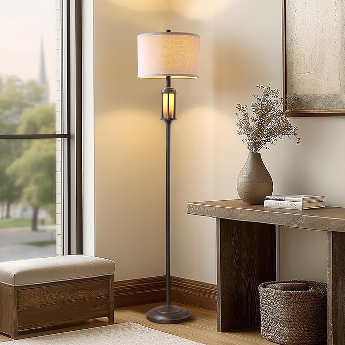 65'' Farmhouse Floor Lamp for Living Room Bedroom with 2 Light Sources, Rustic Vintage Tall Standing Lamp with Amber Nightlight for Home Office Corner, Bulbs Included