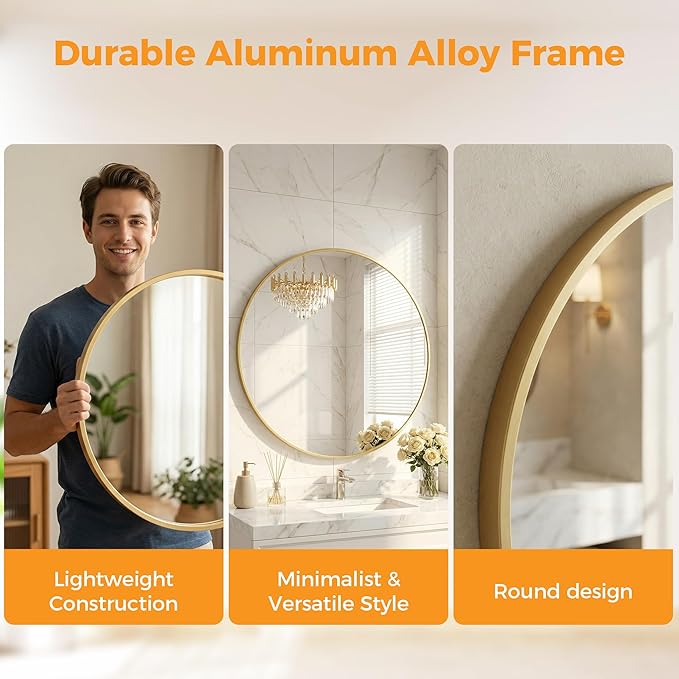 28 Inch Gold Round Bathroom Wall Mirror, Round Mirrors for Wall Decor, Circle Mirror for with HD Shatter-Proof Glass for Entryway, Living Room, Bedroom, Dressing Room, Home Decor