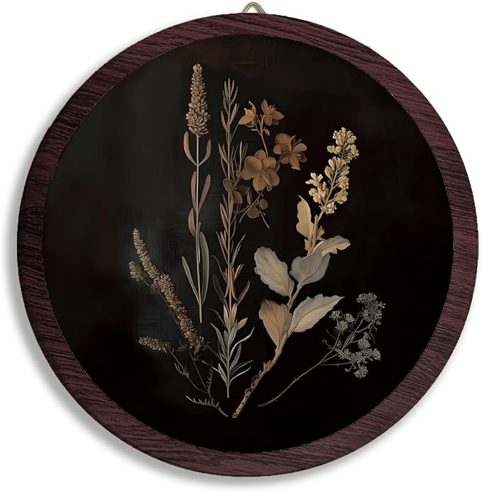 TFKFJLF Moody Vintage Botanical Framed Wall Art Decor, Antique Mid Century Modern Floral Round Wooden Prints Wall Art, Cottagecore Flower Hanging Decor for Bedroom Living Room Bathroom, 10x10 inch