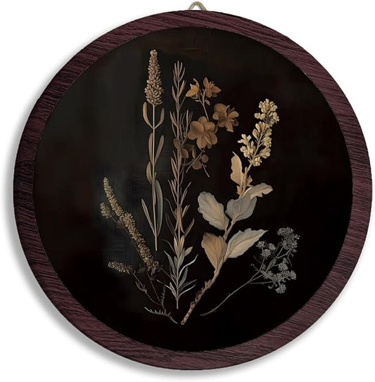 TFKFJLF Moody Vintage Botanical Framed Wall Art Decor, Antique Mid Century Modern Floral Round Wooden Prints Wall Art, Cottagecore Flower Hanging Decor for Bedroom Living Room Bathroom, 10x10 inch