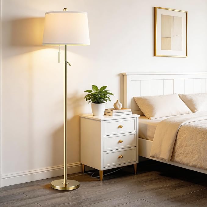Gold Floor Lamp for Living Room, Modern Standing Lamp 55-67" Height Adjustable Brass Tall Floor Lamp with Pull Chain Switch and 3 CCT LED Blub for Living Room, Bedroom, Office & Corner Reading