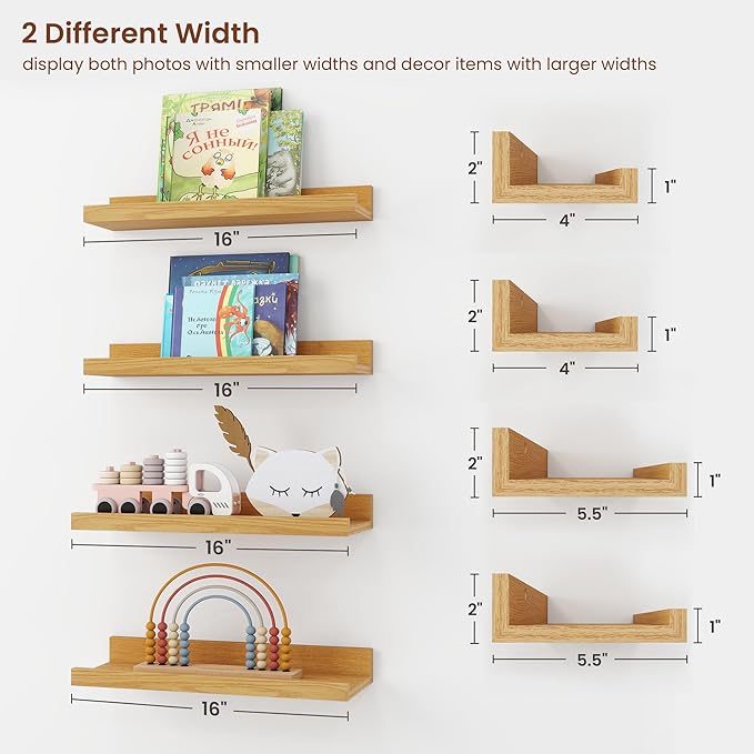 Axeman Picture Ledge Shelf | 16 Inch Oak Floating Shelves Set of 4 | Rustic Wood Wall Shelves with Lip | 16" Picture Shelves for Wall with Ledge | Oak Photo Shelves