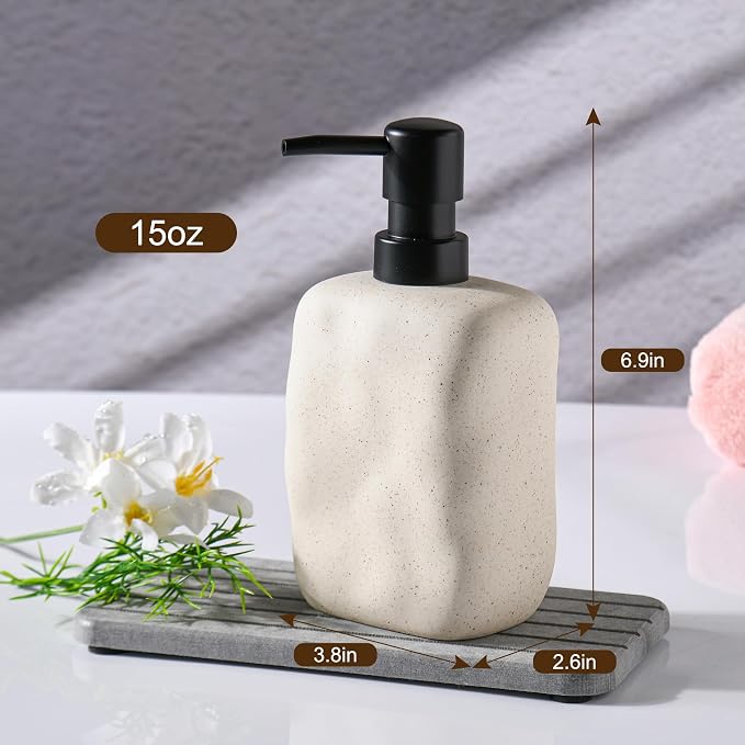 Modern Ceramic Soap Dispenser, Beige Speckled Finish, Black Pump Top, Refillable Liquid Container for Bathroom Kitchen (Beige, 2 Pack)