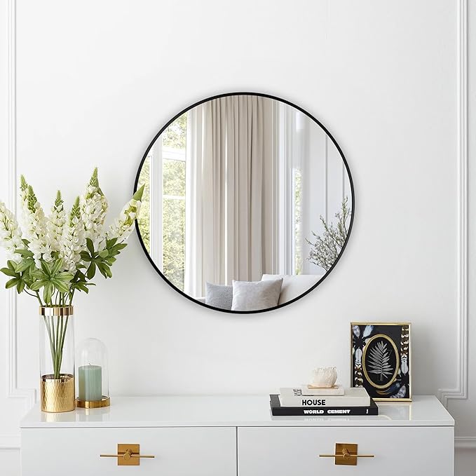 Round Mirror, Wall Mounted Circle Mirror with Brushed Metal Frame, Circular Mirrors for for Bathroom, Living Room, Vanity, Bedroom, Entryway, 20inch, Black
