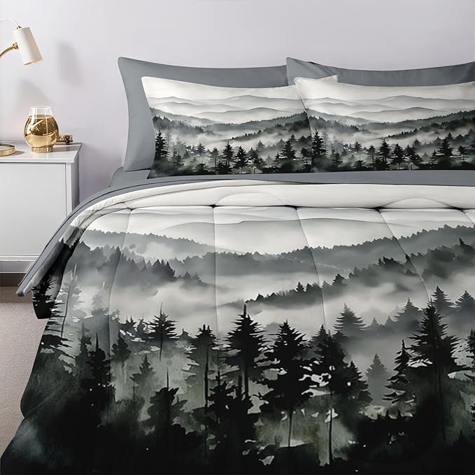 Nesker Comforter Set Full Size, Ink Forest 7 Pcs Bedding for Kids and Adults, Misty Mountains Bed Sheet Sets with Fitted Sheet 2 Pillowcases & 2 Shams