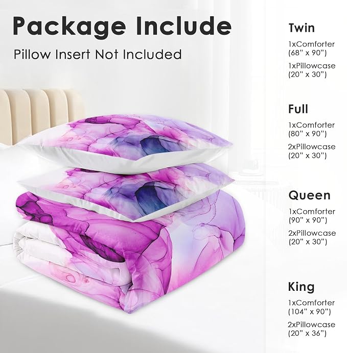 Comforter Set with Pillowcase Twin Size, Blue Purple Lavender Marble, Bed Decor Pink Watercolor Smoke Abstract Shapes for Kids and Adults, Soft Cozy Bedroom Bedding Set