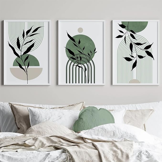 Mid Century Modern Wall Art Set of 3 Sage Green Canvas Wall Art Boho Prints Green Wall Decor Black Beige Abstract Picture Mid Century Painting for Living Room Bedroom 12x16 Inch UNFRAMED