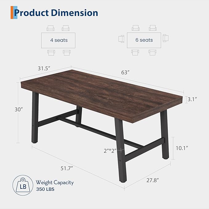 GarveeHome Industrial Dining Table for 4-6 People, 63" Long Wooden Kitchen Table with Sturdy Metal Frame & Birch Finish, Seats 4 Rectangular Counter for Dinner, Kitchen, Dining Room-Dark Rustic Birch