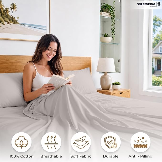 SGI bedding 100% Egyptian Cotton Sheets Full XL Size – 600 Thread Count Sheets Set, Soft, Cooling, 15" Deep Pocket, Luxury Hotel Bedding, Breathable, Durable - Light Grey