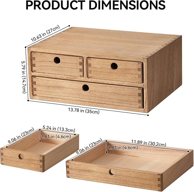 KIRIGEN Solid Wood Desktop Organizer with 3 Drawers - Multi-Layer Office Supplies Storage Rack for Documents, Stationery, Jewelry - Natural Wooden Desk Shelf Organizer Brown WJG23-DBR