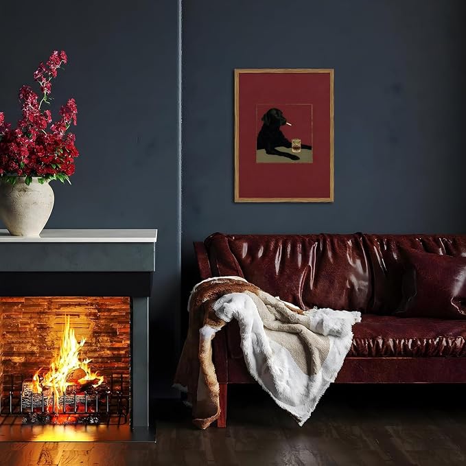 Funny Black Dog Wall Art Moody Black Labrador With Cigarette Wall Decor Picture Vintage Animal Bar Poster Canvas Painting Print for Living Room Bedroom 16x24 inch Wood Framed