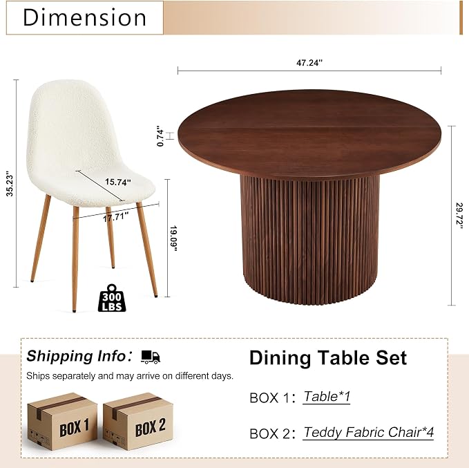Dining Table Set for 4, Mid Century Modern 47 Inch Wooden Round Dining Table Set, Space Saving (Table + 4 White Chairs)