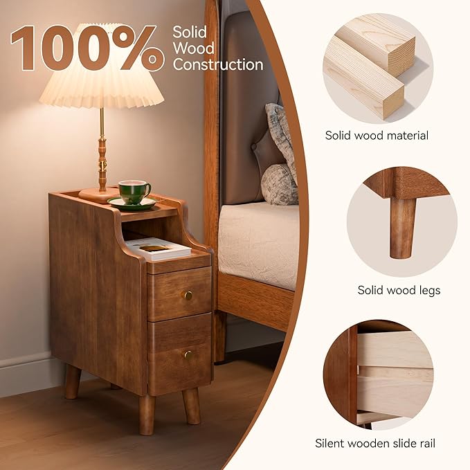Narrow Nightstand Set of 2, 19.7" H Pre-Assembled Solid Wood Small Skinny Night Stand with Drawers, Open Sliding Shelf, Mid Century Modern Slim Bedside Table for Bedroom, Sofa End Side Table, Walnut