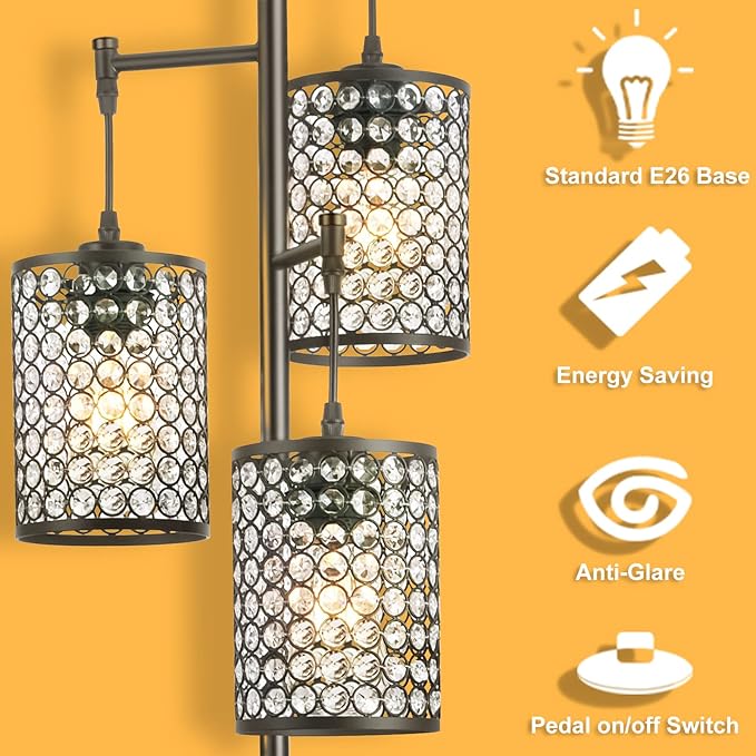 EE Eleven Master YeLEEiNO Floor Lamps,Modern 3-Light Tree Floor Lamp for Living Room Crystal Standing Lamp with On/Off Switch Elegant Black Pole Light for Bedrooms Office Hotel