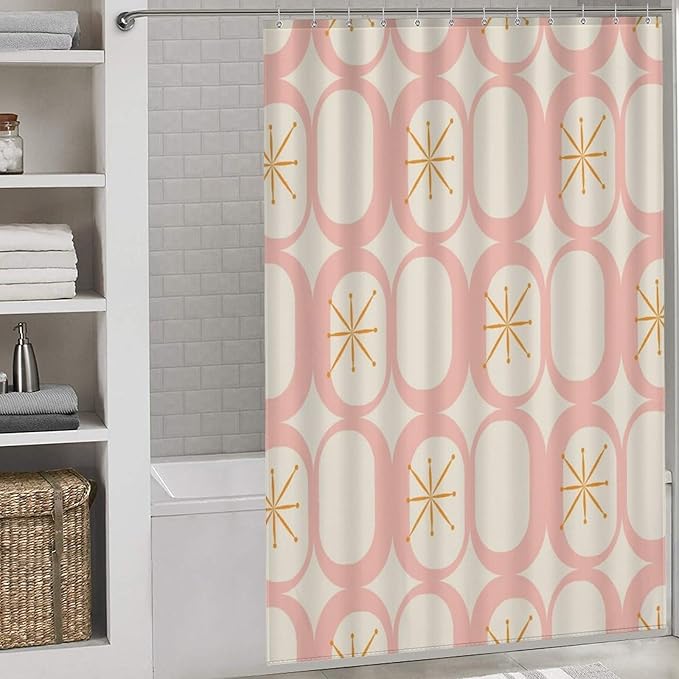 Retro 50S Shower Curtains Vintage Mid Century Aesthetics Modern Pink Beige Pattern Duty Fabric Shower Curtain Set Bathroom Polyester Waterproof with 12 Hooks, 55x72Inch（140x183cm）