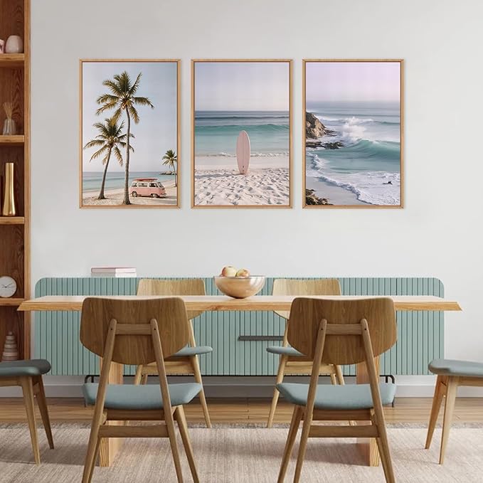 HPINUB Beach Seascape Framed Canvas Wall Art Set,Palm Tree Surfboard Nature Wall Decor,Modern Coastal Landscape Artwork Relax Summer Ocean Art Print for Living Room,Bedroom,Bathroom Decor-24 x36 x3